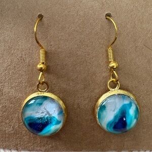 Handcrafted Gold Tone Blue and White Dangle Earrings